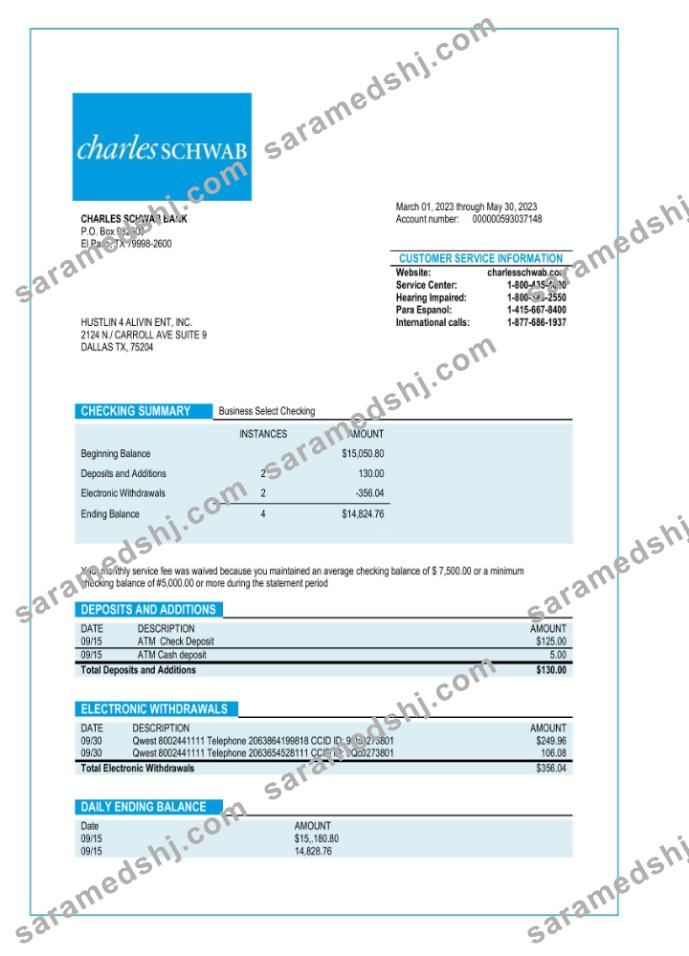 Charles Schwab business bank statement Word and PDF template
